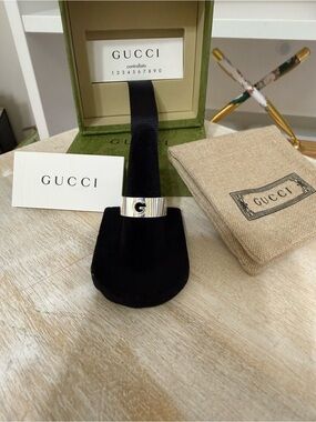 Authentic Gucci Polished 925 Sterling Silver G-Logo Wide Band Ring